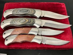 4x Rite Edge Knives, 2x w/ Grey Wood Handled Skinners, 2x Brown Wood
