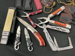 Large Assortment of Knives & Multitools, 16 items all w/ cases, Smiths tool & honing rod