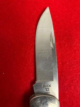Buck Folding Pocket Knife w/ Leather Buck Sheathe - Stamped with anvil mark - See pics