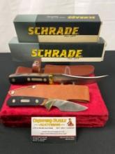 Pair of Schrade Fixed Blade Knives, Models 156OT & 160OT w/ leather sheaths & original packaging