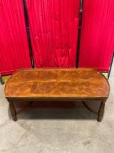 Vintage Tiger Oak Coffee Table w/ Pedestal Base, Curved Ends & Elegantly Patterned Top. See pics.