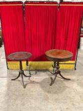 2 pcs Antique Round Wooden Side Tables w/ Elegantly Carved Bases & Legs. 1 w/ Drawer. See pics.