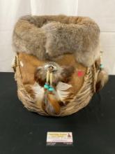 Vintage Native American Basket, Rabbit Fur, Feather, Woven Reeds, and more, 14 x 14 inches