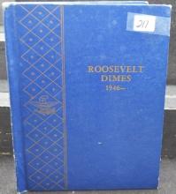 ROOSEVELT DIME ALBUM WITH 57 COINS STARTING 1946