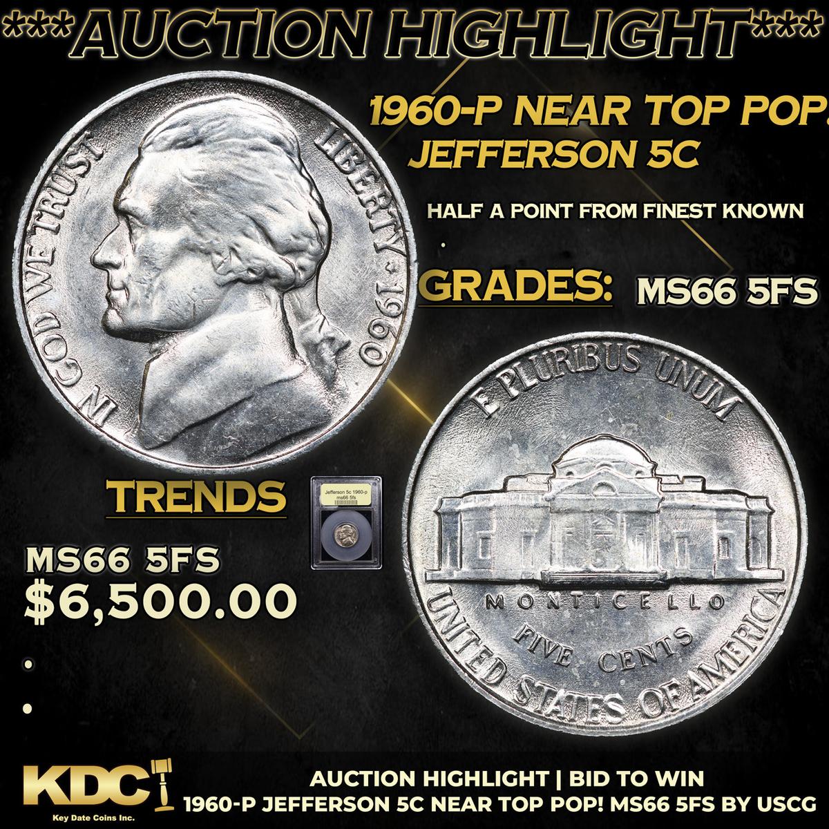 ***Auction Highlight*** 1960-p Jefferson Nickel Near TOP POP! 5c Graded GEM+ 5fs By USCG (fc)