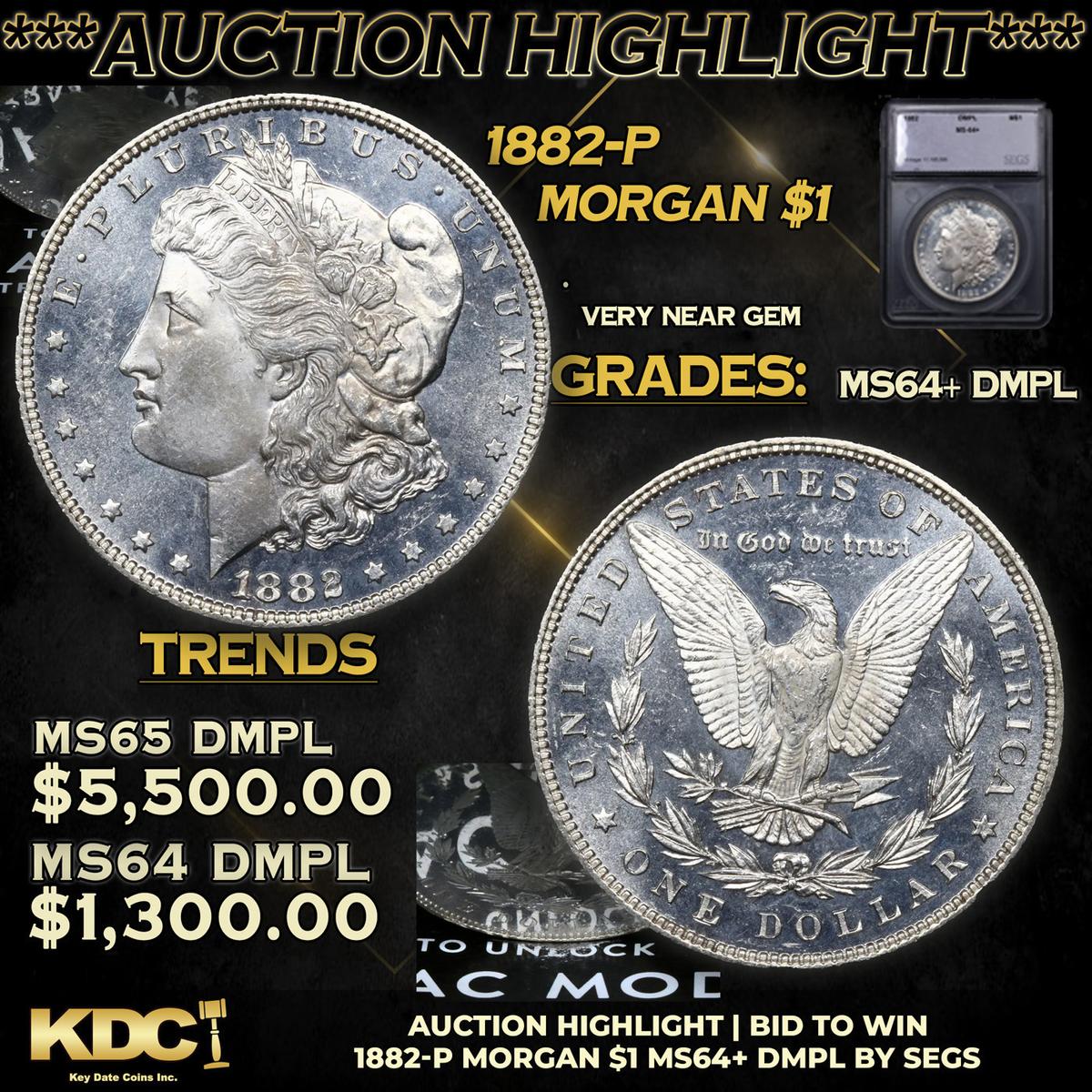 ***Auction Highlight*** 1882-p Morgan Dollar 1 Graded ms64+ DMPL BY SEGS (fc)