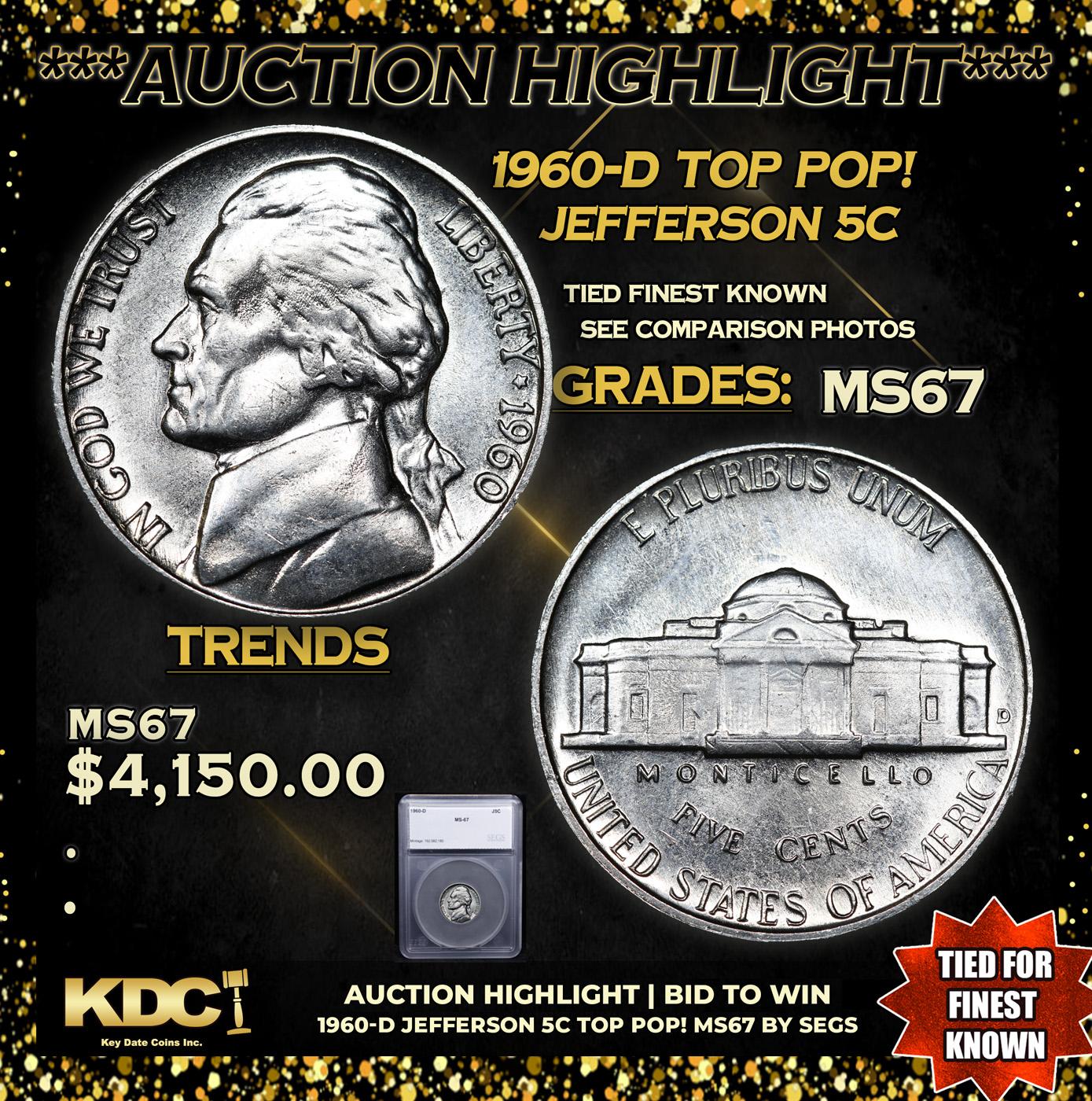 ***Auction Highlight*** 1960-d Jefferson Nickel TOP POP! 5c Graded ms67 By SEGS (fc)