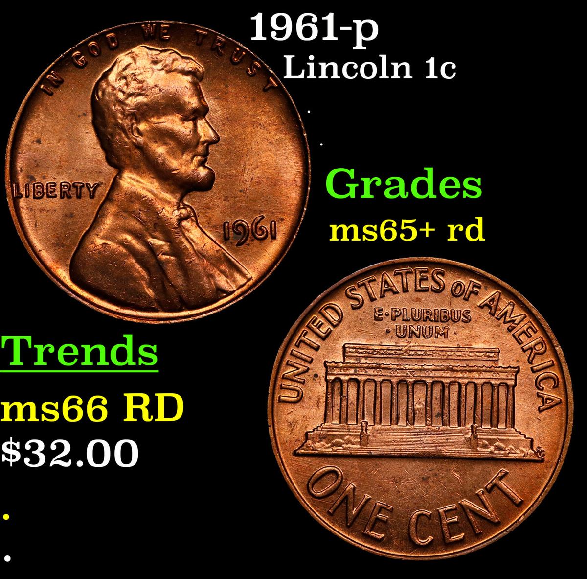 1961-p Lincoln Cent 1c Grades Gem+ Unc RD