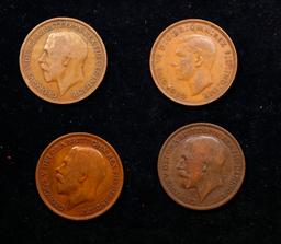 Group of 4 Coins, Great Britain Pennies, 1913, 1916, 1917, 1944 .
