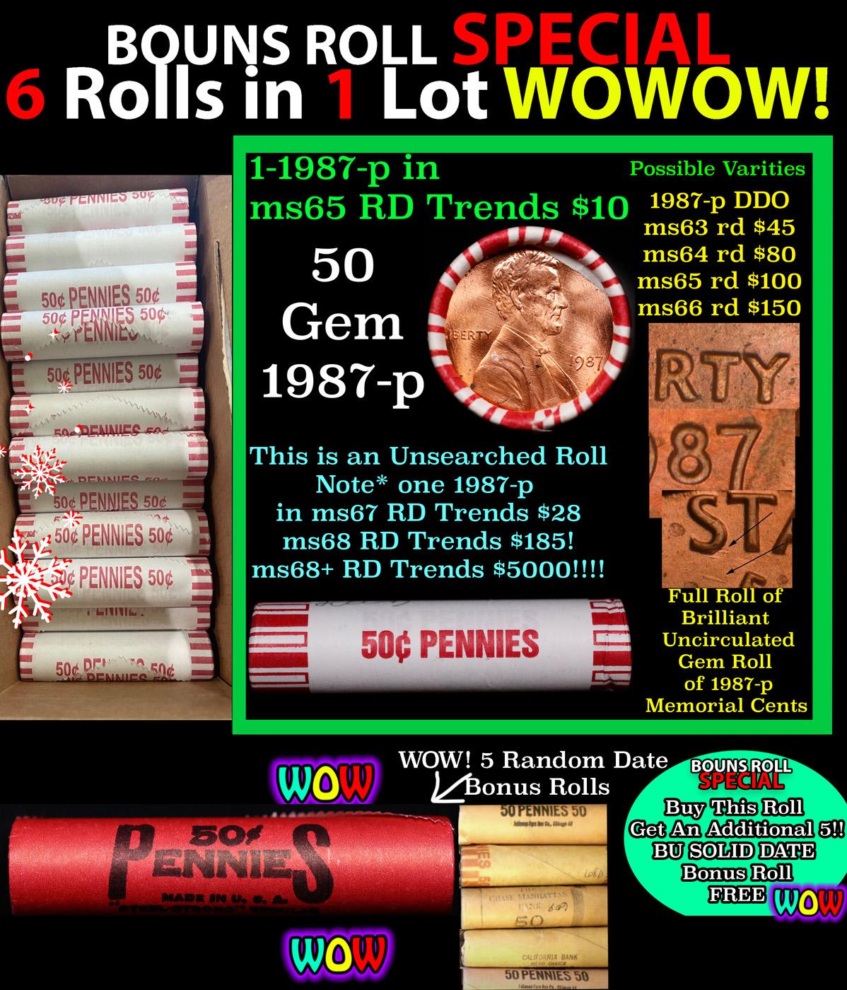 THIS AUCTION ONLY! BU Shotgun Lincoln 1c roll, 1987-p 50 pcs Plus FIVE bonus random date BU roll! Ba