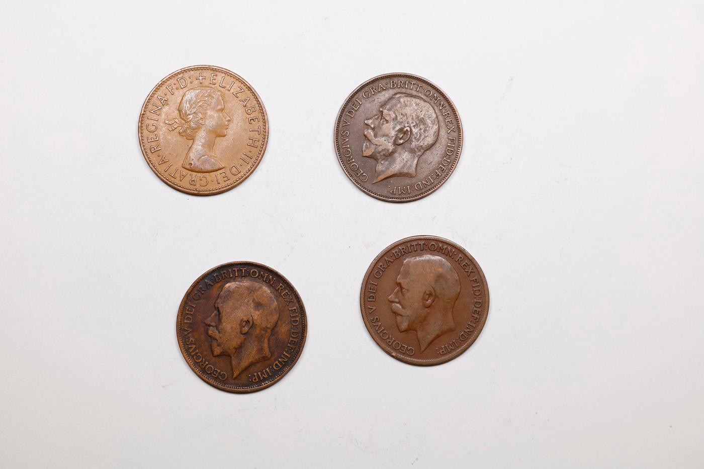Group of 4 Coins, Great Britain Pennies, 1915, 1918, 1926, 1967