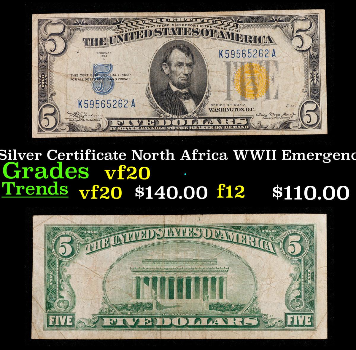 1934A $5 Silver Certificate North Africa WWII Emergency Currency Grades vf, very fine