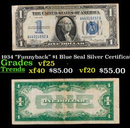 1934 "Funnyback" $1 Blue Seal Silver Certificate Grades vf+