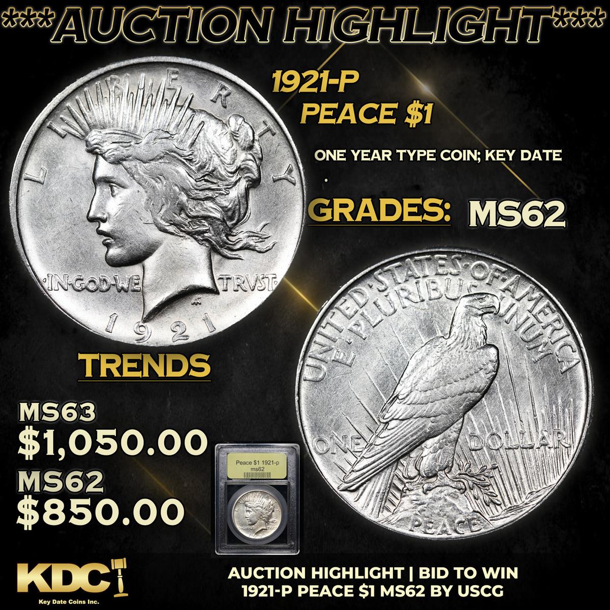 ***Auction Highlight*** 1921-p Peace Dollar 1 Graded Select Unc By USCG (fc)