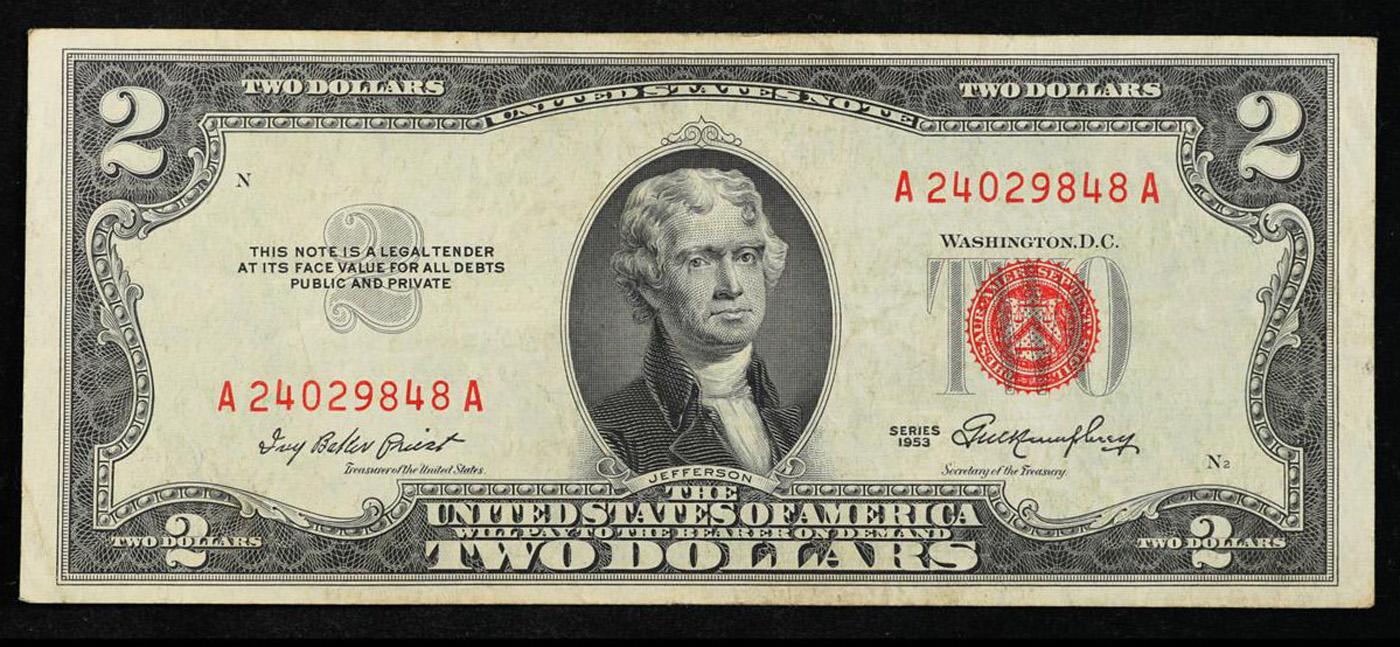 1953 $2 Red Seal United States Note Grades Select AU