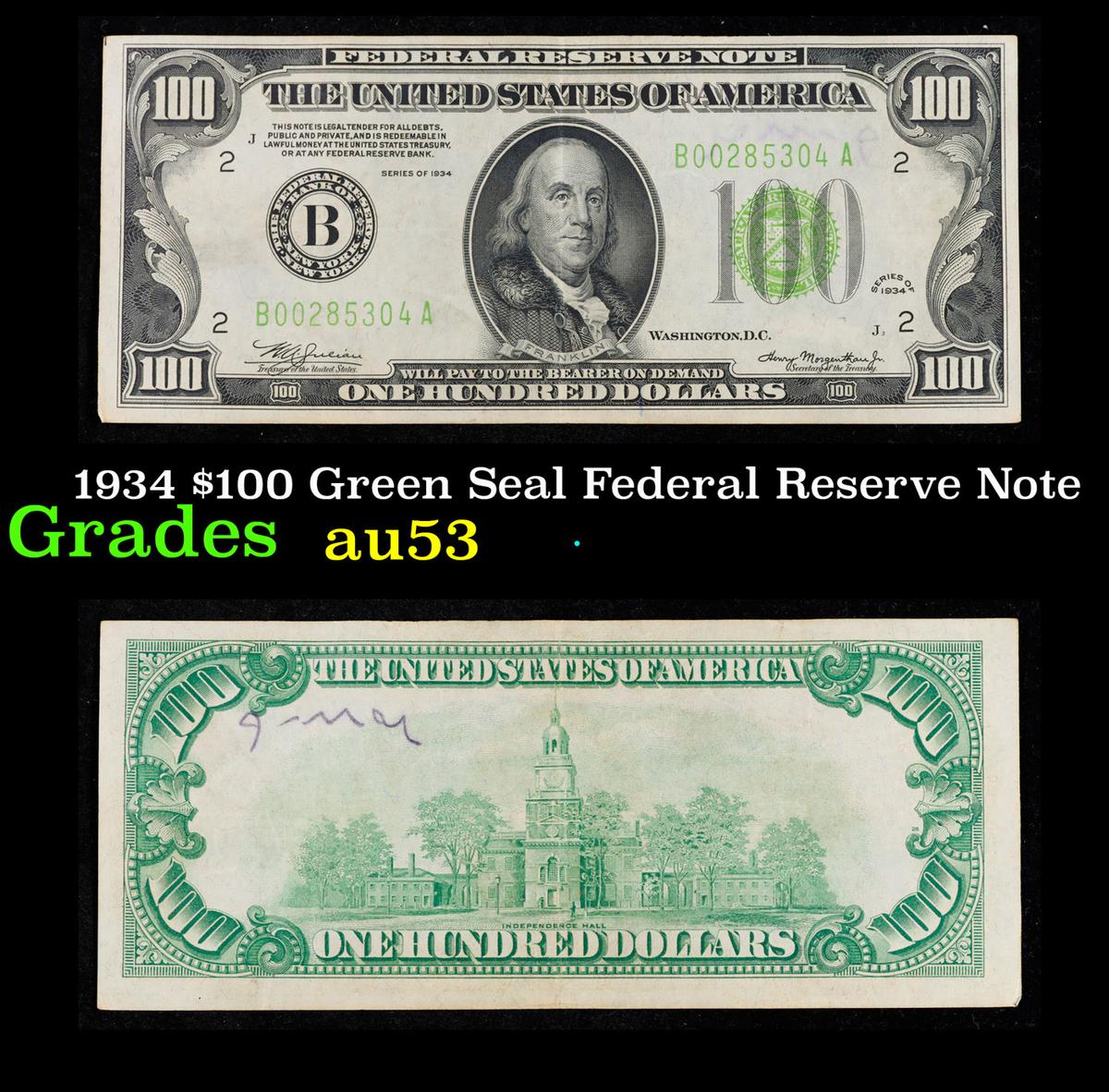 1934 $100 Green Seal Federal Reserve Note Grades Select AU