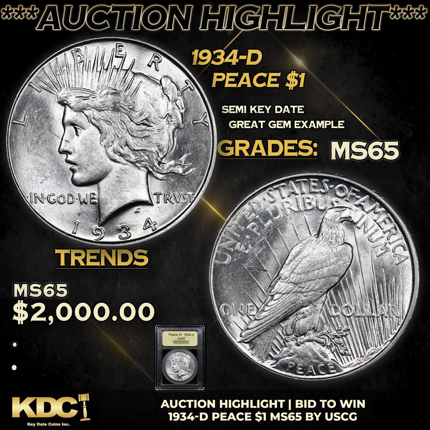 ***Auction Highlight*** 1934-d Peace Dollar $1 Graded GEM Unc By USCG (fc)