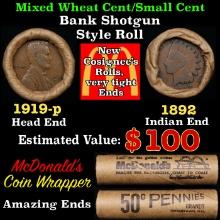 Small Cent Mixed Roll Orig Brandt McDonalds Wrapper, 1919-p Lincoln Wheat end, 1892 Indian other end