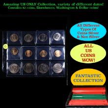 Sublime Page of 12 US Coins 4x Kennedy Half Dollars, 4x Dollar Coins $1, & 4x Eisenhower $1's