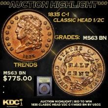 ***Auction Highlight*** 1835 Classic Head half cent C-1 1/2c Graded Select Unc BN By USCG (fc)