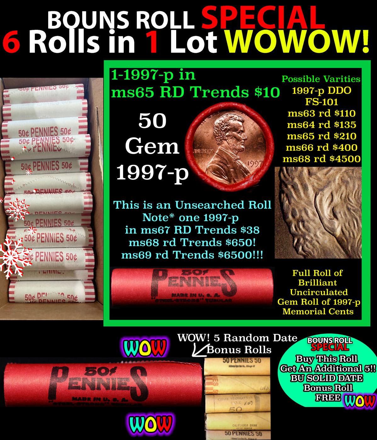 THIS AUCTION ONLY! BU Shotgun Lincoln 1c roll, 1997-p 50 pcs Plus FIVE bonus random date BU roll! Ba