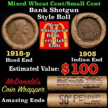 Small Cent Mixed Roll Orig Brandt McDonalds Wrapper, 1918-p Lincoln Wheat end, 1905 Indian other end
