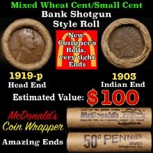 Small Cent Mixed Roll Orig Brandt McDonalds Wrapper, 1919-p Lincoln Wheat end, 1903 Indian other end