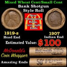 Small Cent Mixed Roll Orig Brandt McDonalds Wrapper, 1919-s Lincoln Wheat end, 1907 Indian other end