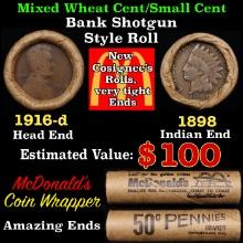 Small Cent Mixed Roll Orig Brandt McDonalds Wrapper, 1916-d Lincoln Wheat end, 1898 Indian other end