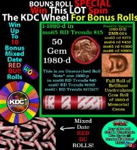 1-10 FREE BU RED Penny rolls with win of this 1980-d SOLID RED BU Lincoln 1c roll incredibly FUN whe