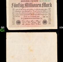 1923 Weimar Germany 50 Million Marks Hyperinflation Banknote P# 109d, Watermark G/D in Stars Grades