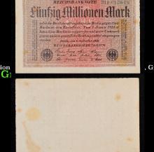 1923 Weimar Germany 50 Million Marks Hyperinflation Banknote P# 109a, Gray Paper, Watermark Crucifer