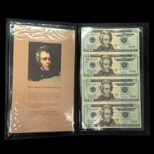 Uncut sheet of 4 2004A star note U.S. green seal $20 Federal Reserve banknotes