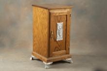 Decorative oak single door Slot Machine Stand on nickel silver feet, measures 34" T x 17 1/4" W x 17