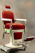 Antique two color porcelain Barber Chair manufactured by Emil J. Paidar, Chicago, circa 1930s, mecha