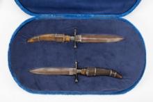 Antique pair of Presentation Style, buck horn handled Knives in fitted Case. One is 13 1/2" long, th