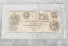 GREAT TEXAS HISTORY! A $20.00 Republic of Texas Note dated July 20, 1839, signed by Mirabeau Lamar,