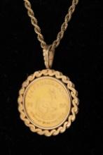 Gold quarter oz. Krugerrand dated 1980, very good condition, mounted in 14 KT Bezel, with 17", 14 KT