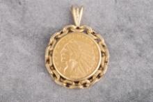 Gold $5.00 Indian Head Coin dated 1909, mounted in unique 14 KT gold Bezel.