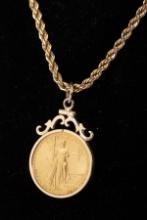 Fine Gold $10.00 American Eagle Coin dated MCMLXXXVI (1986), sold in gold Bezel with gold 16" rope t