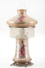 Fine antique Oil Lamp attributed to Pittsburgh Lamp Co., with beautiful hand painted shade and match