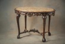 Beautiful antique oak, heavily carved oval marble top Entry Table with intricately carved skirt and