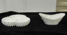 Fenton Milk Glass Divided Hobnail Relish Dish And A Westmoreland Quilt Pattern Bowl
