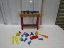 Vtg Child's Wood Work Bench W/ Plastic Accessories