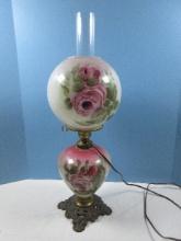 Exquisite Victorian Era Style Gone w/The Wind Parlor Hurricane Lamp Hand Painted Milk Glass