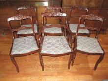 Set of 6 Sheraton Style Mahogany Dining Chairs Carve Flower & Foliage Upholstered Seat on Saber
