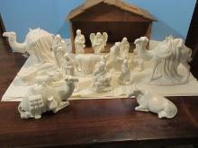 19 pc. Vintage Ceramic Nativity Set Figurines and Animals w/ Wooden Creche Circa 2000