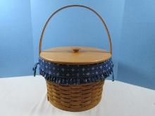 Large Longaberger Sewing Basket w/ Swing Handle Heritage Blue Fabric Liner, 4 Protector