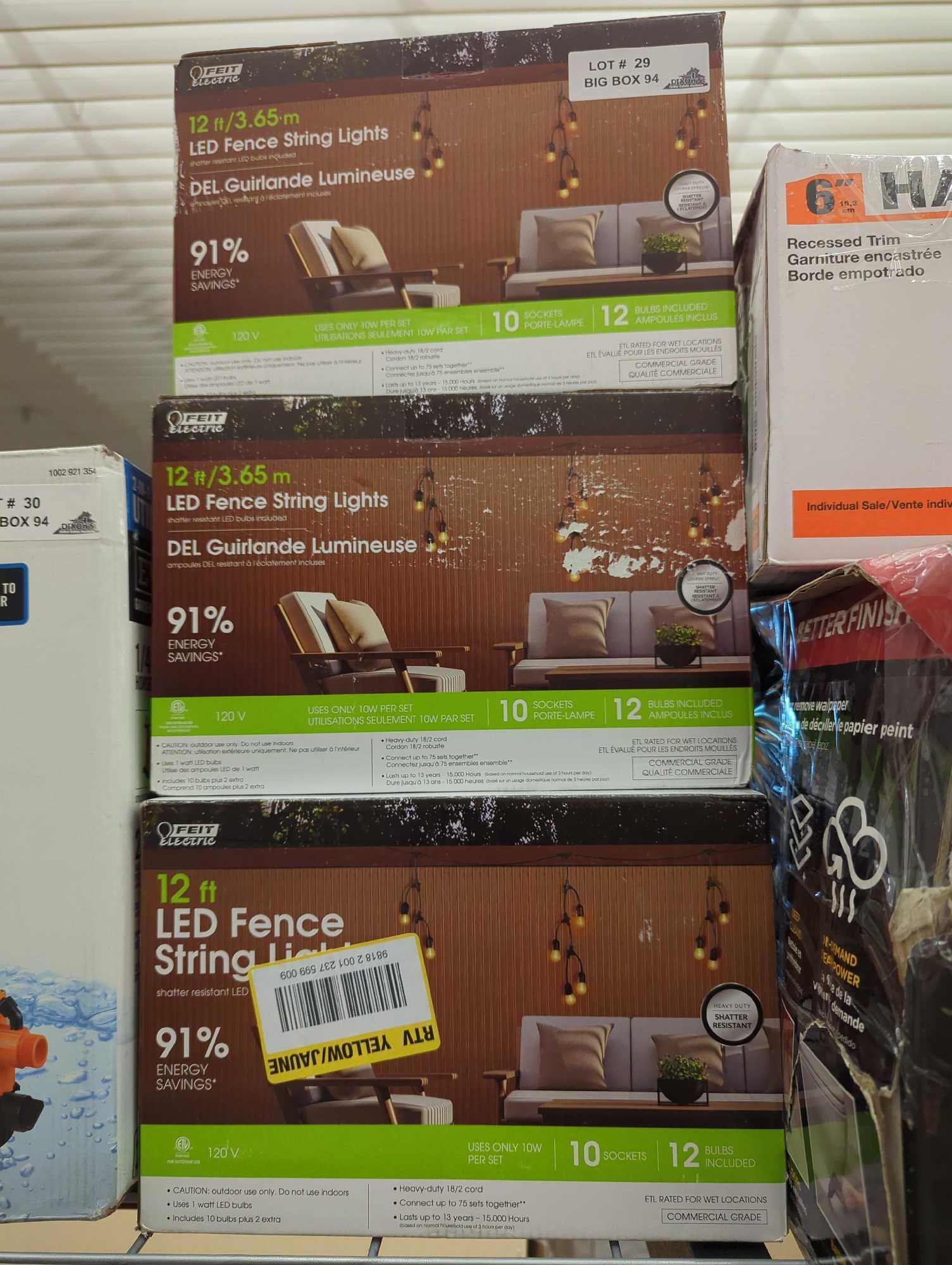 Lot of 3 Boxes Of, Feit Electric 12ft LED Outdoor Fence String Lights, 10 Sockets, 12pc. S14 LED