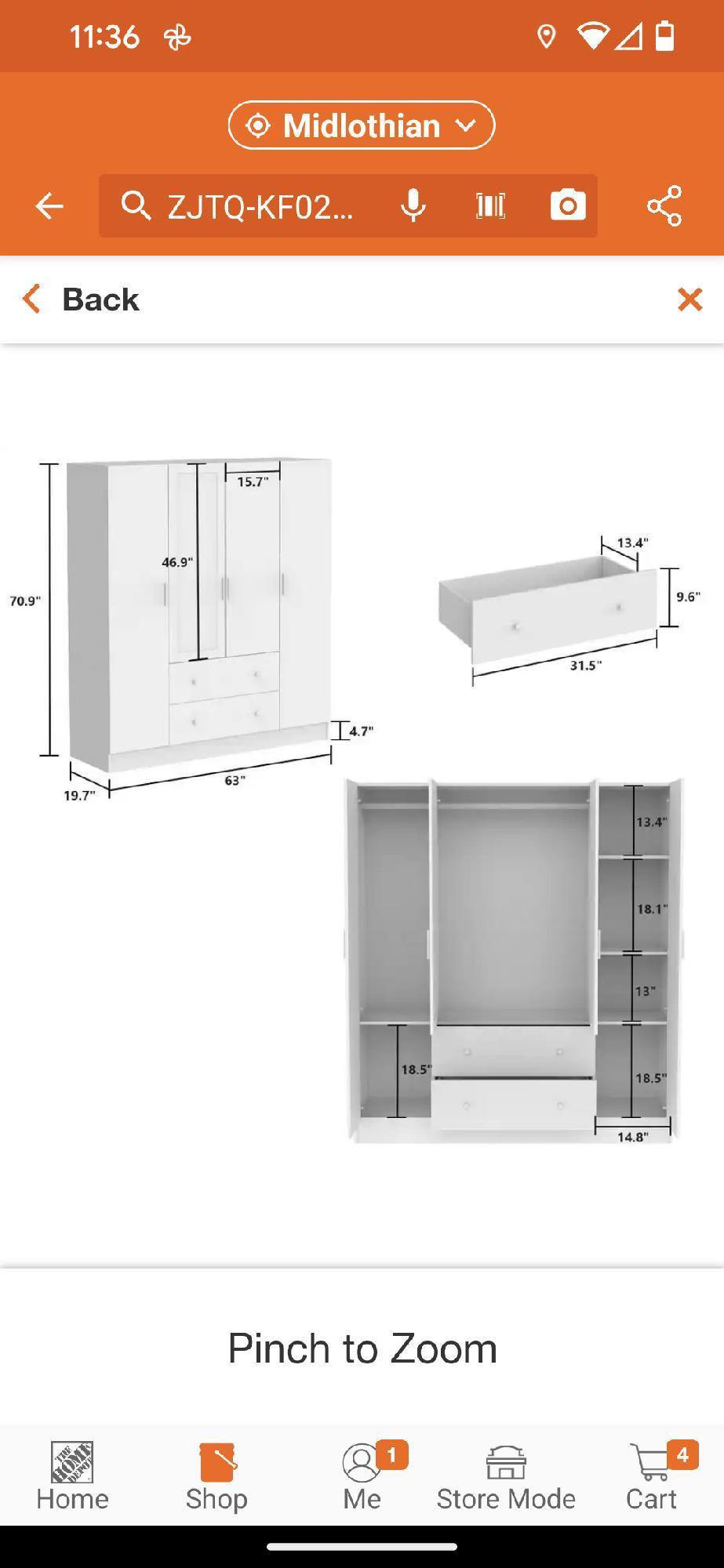 (BOX 1 OF 2 Only) White 4-Door Armoires with Mirror, 2 Hanging Rods, 2-Drawers and Storage Shelves